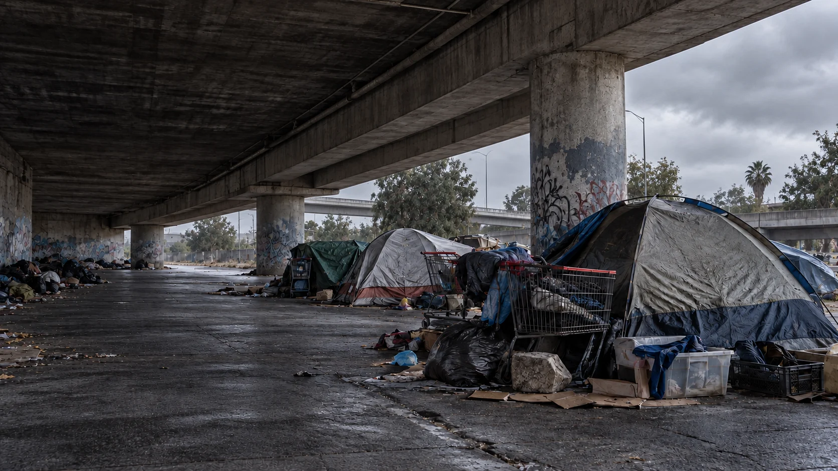 AI-generated illustration of tents, shopping carts and belongings beneath a graffiti-marked overpass; no people are shown.