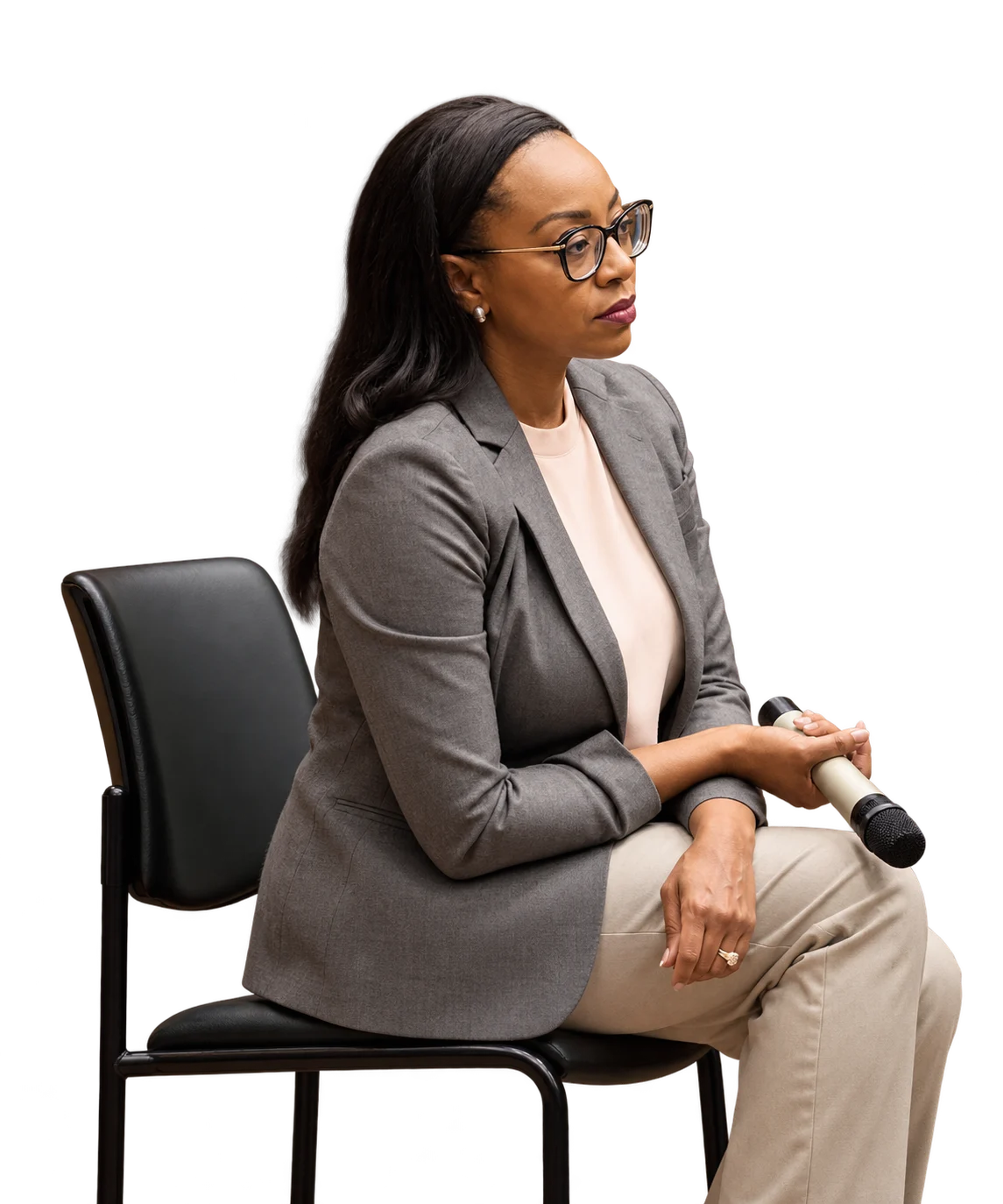 Context portrait of Malia Cohen seated with a microphone; background removed.