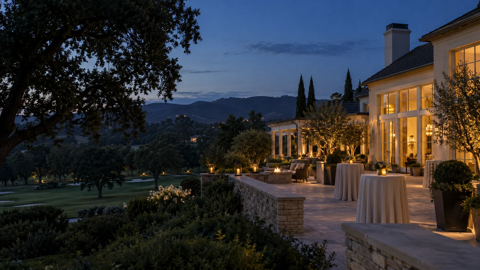 Illustrative AI-generated Napa resort terrace at dusk; not a photograph of Silverado Resort or the fundraiser.