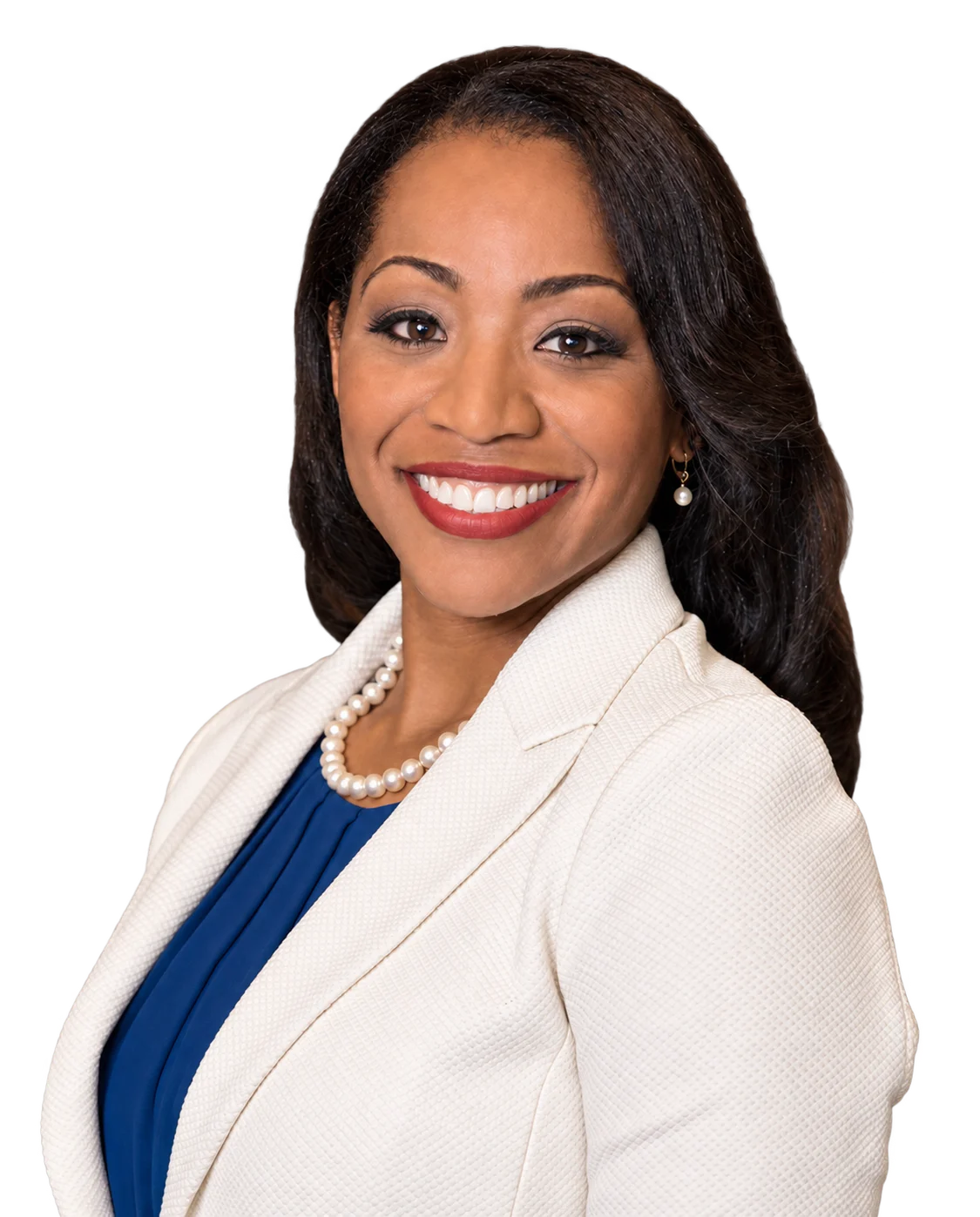 Malia Cohen smiling in a white jacket and blue blouse; background removed.